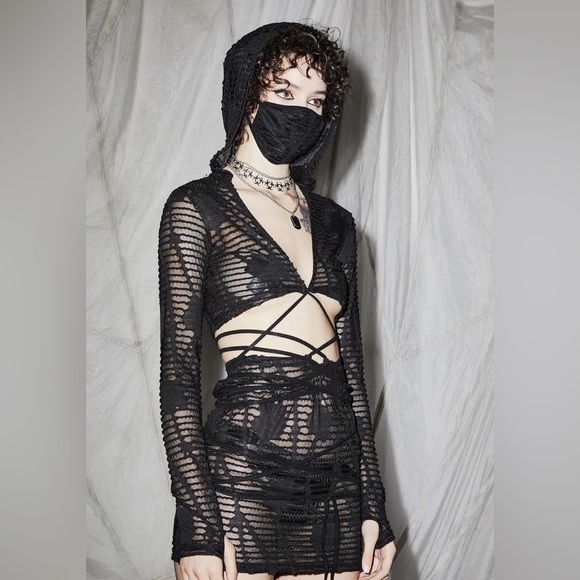 Dolls Kill Dresses & Skirts - Darker Wavs Reverb Hooded Sheer Matelasse Wrap Top and Mini Skirt - SOLD AS SET